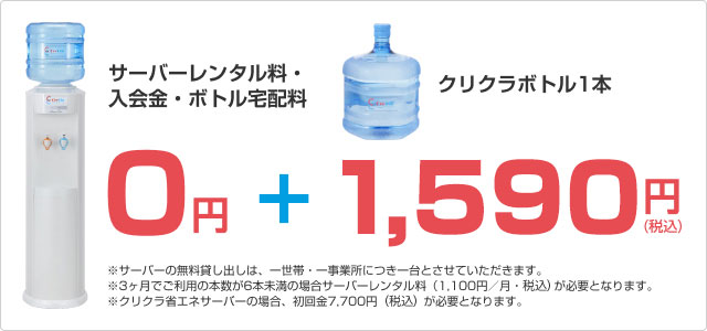 サーバーレンタル料・入会金・ボトル宅配料0円+クリクラボトル1本1,460円（税込み）